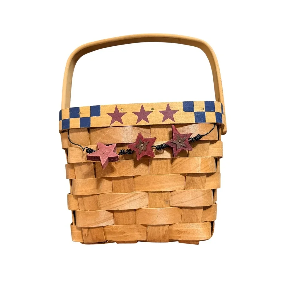 Americana Woven Wood Basket Stars Checkerboard Primitive Country Decor 8in